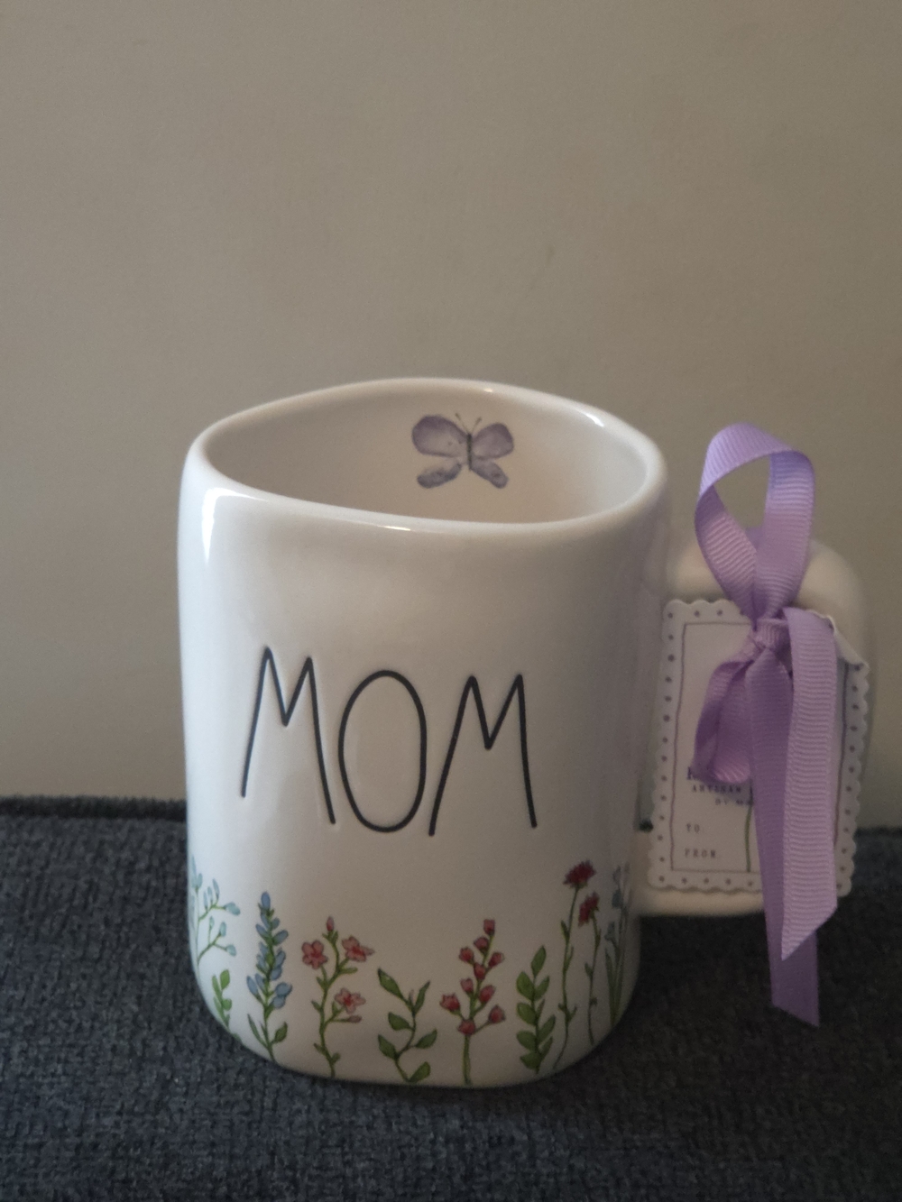 Rae Dunn White ‘MOM’ Floral Mug with Purple Accent